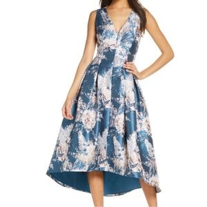 ELIZA J Metallic Floral Jacquard High Low V-Neck Sleeveless Dress, Teal, Size 6